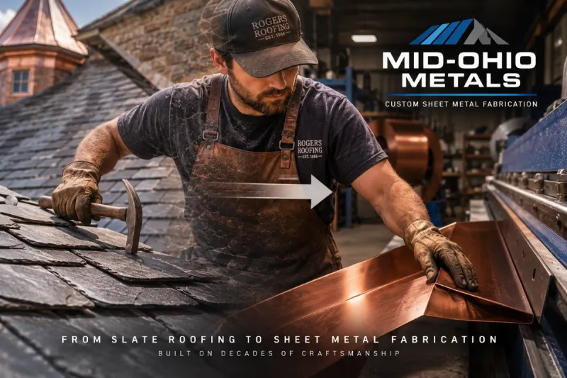 From slate roofing to sheet metal fabrication: a roofer on a slate roof and a fabricator forming copper in the Mid-Ohio Metals shop