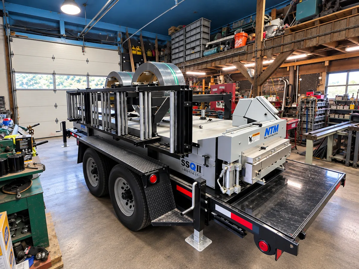NTM SSQ II portable roll former with coil stock in the Mid-Ohio Metals shop