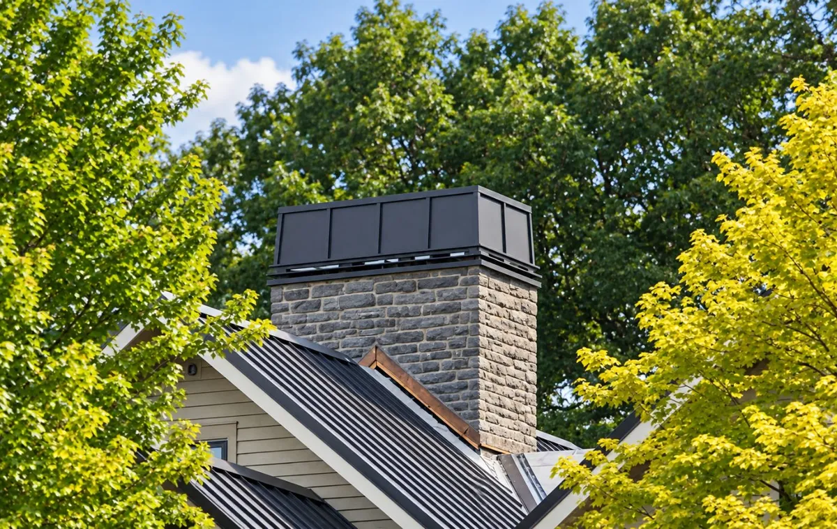 Fabricated metal chimney surround and standing seam metal roof