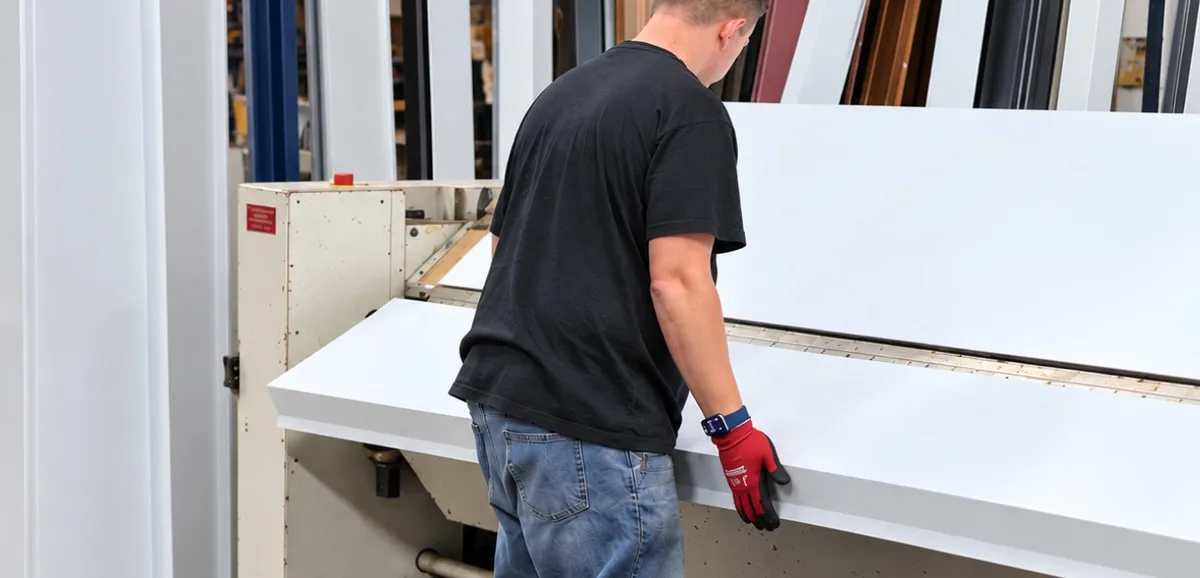 Mid-Ohio Metals fabricator forming a sheet-metal panel on the brake