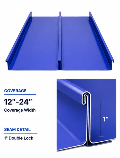 1" Double Lock mechanically seamed roof panel — 12"-24" coverage, 1" seam height