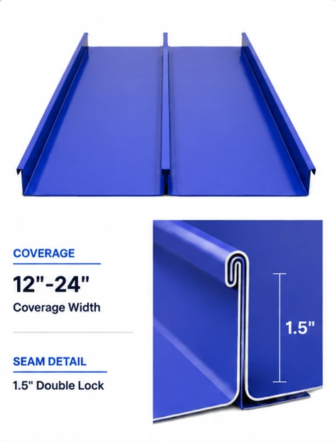 1.5" Double Lock mechanically seamed roof panel — 12"-24" coverage, 1.5" seam height