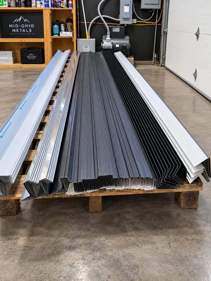 Pallet of fabricated trim and flashing in painted steel and aluminum