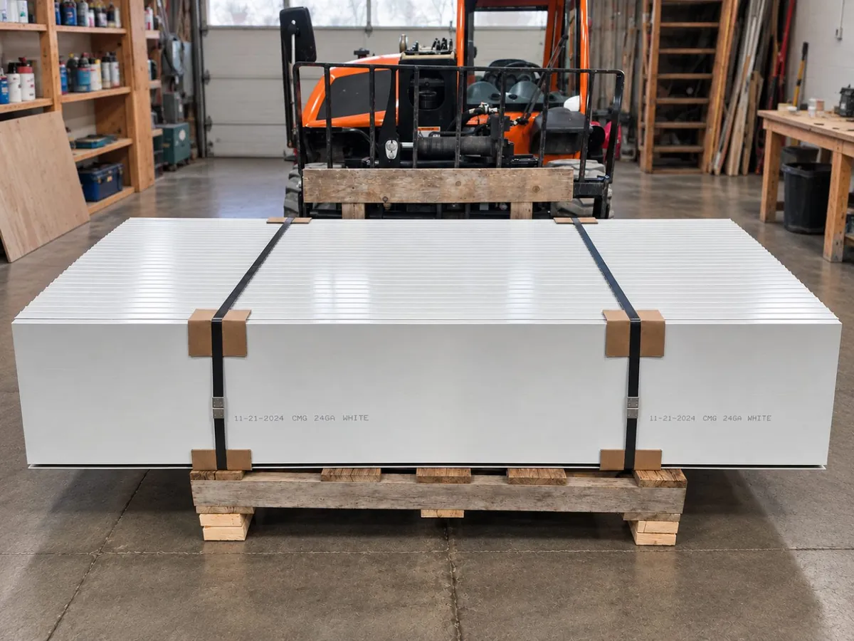 Banded pallet of fabricated 24 gauge white painted steel ready to ship